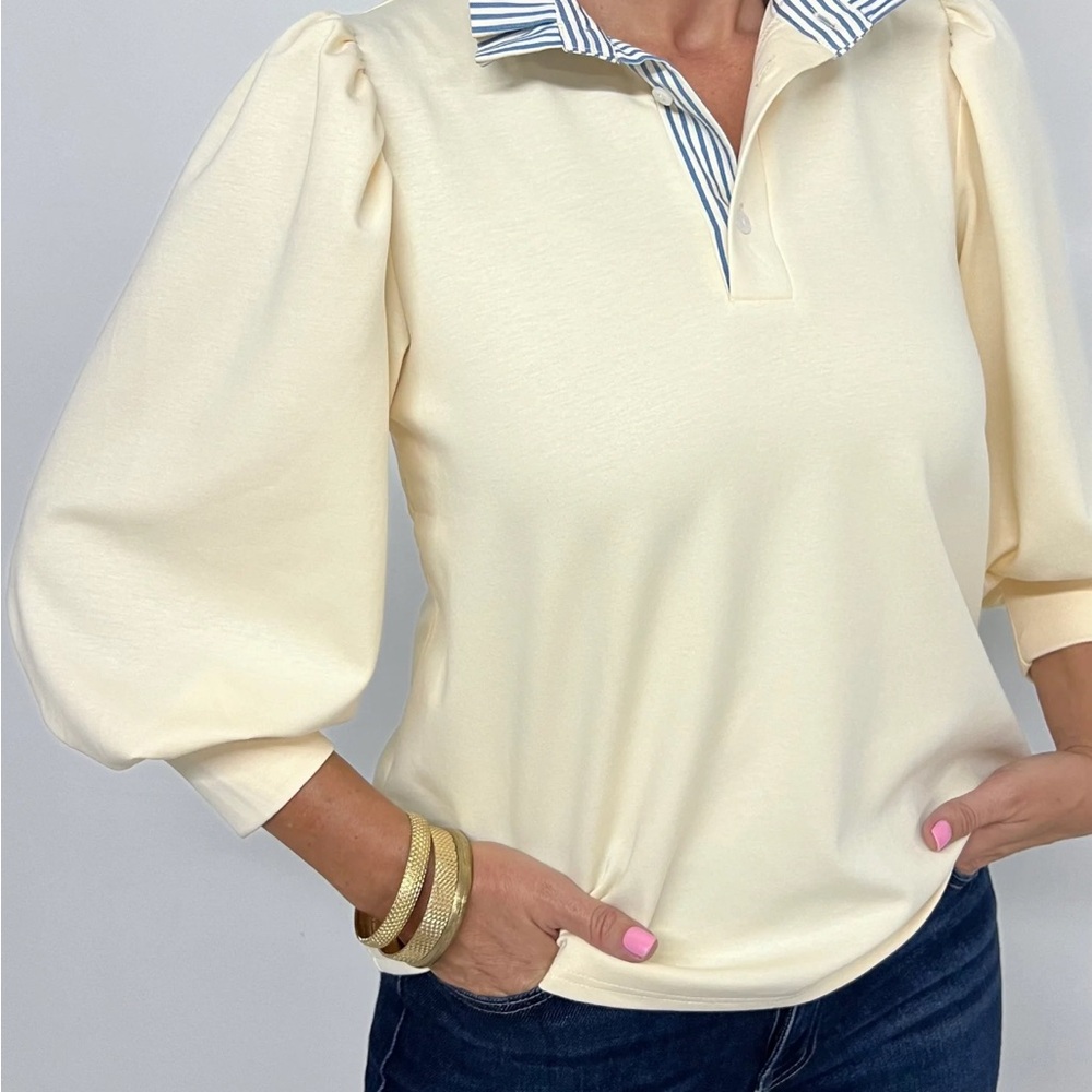 Cream Puff Sleeve Polo Blouse